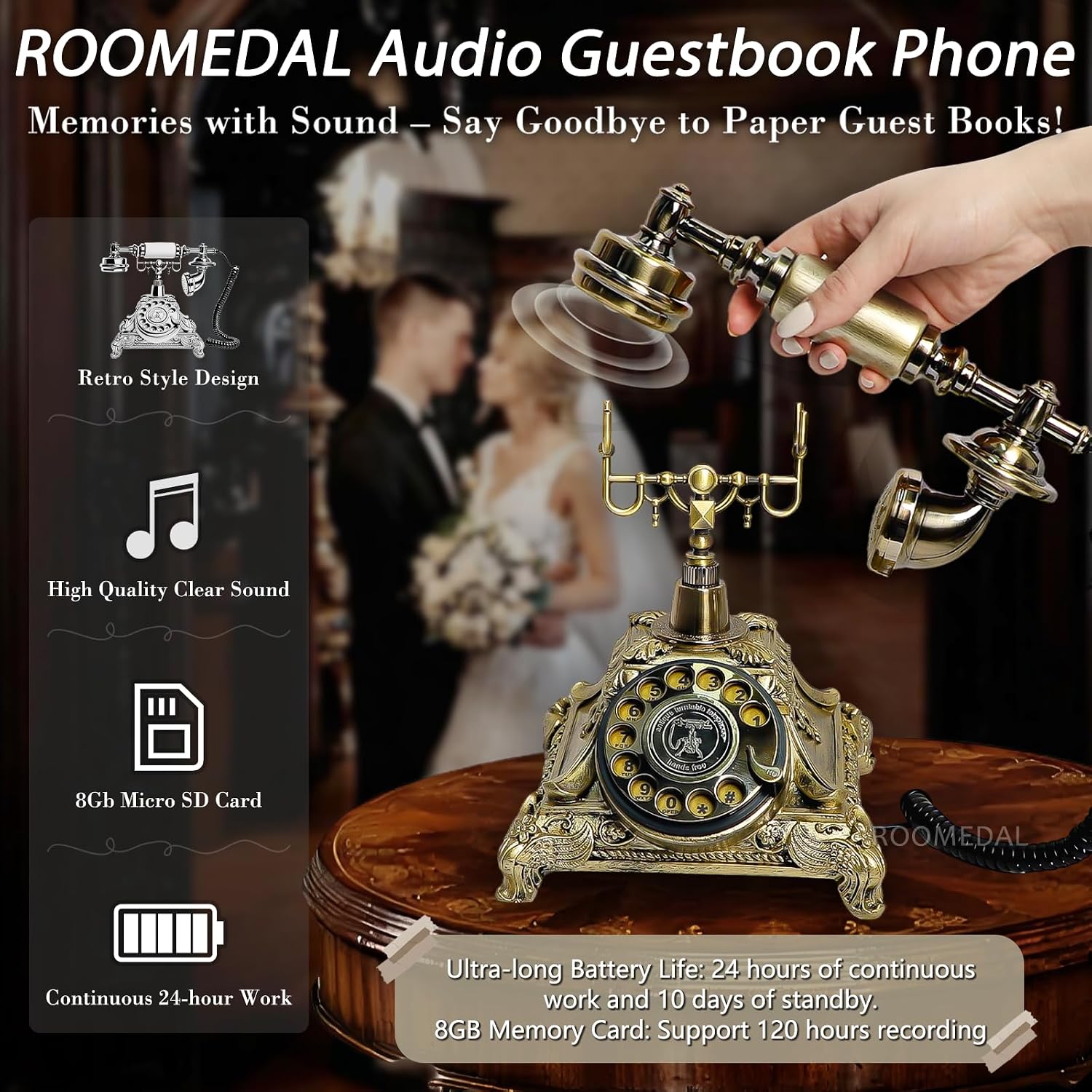 Audio Guest Book Wedding Phone, Vintage Audio GuestBook, Record Guest Messages for Weddings & Special Events, Customized Audio Keepsake for Memorable Occasions (Bronze)