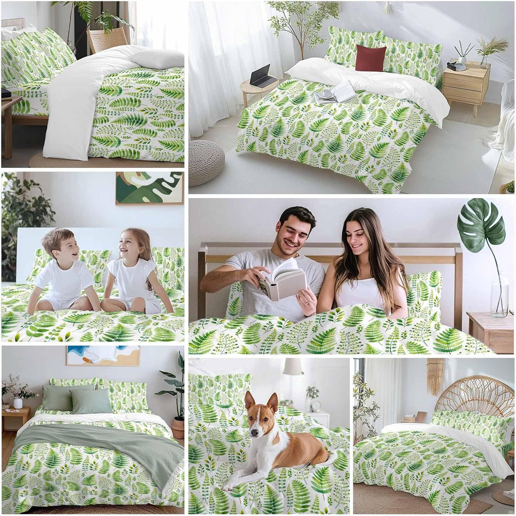 Prime Leader Spring Ferns Leaves Duvet Cover Set Queen Size 4 Pieces Watercolor Green Plant Fields Bedding Set with Zipper Closure, 1 Comforter Cover 92x106 Inches 1 Flat Sheet & 2 Pillow Cases