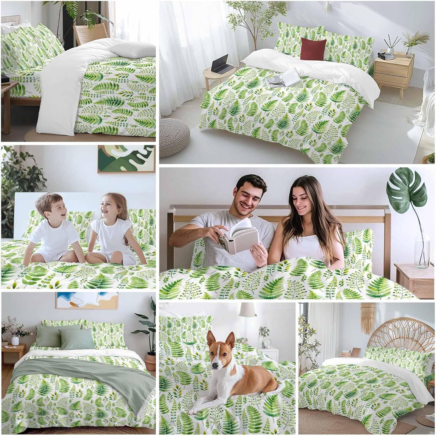 Prime Leader Spring Ferns Leaves Duvet Cover Set Queen Size 4 Pieces Watercolor Green Plant Fields Bedding Set with Zipper Closure, 1 Comforter Cover 92x106 Inches 1 Flat Sheet & 2 Pillow Cases