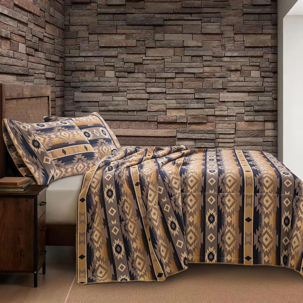 Paseo Road Taos Wool Blend Western Blanket Set, 3 Piece Full Queen Brown Geometric Print Aztec Blanket, Southwestern Tribal Indian Modern Rustic Soft Blanket Set with Pillow Shams