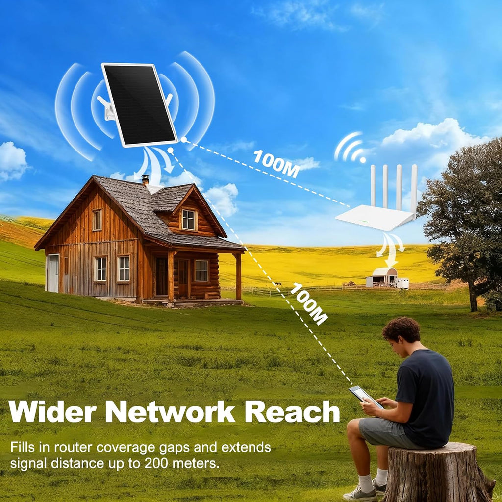 Solar WiFi Repeater, WiFi Extender Signal Booster, WiFi Amplifier, 2.4GHz 300Mbps Cover 200m Range, IP66 Waterproof for Yards, Farm and Outdoor Area