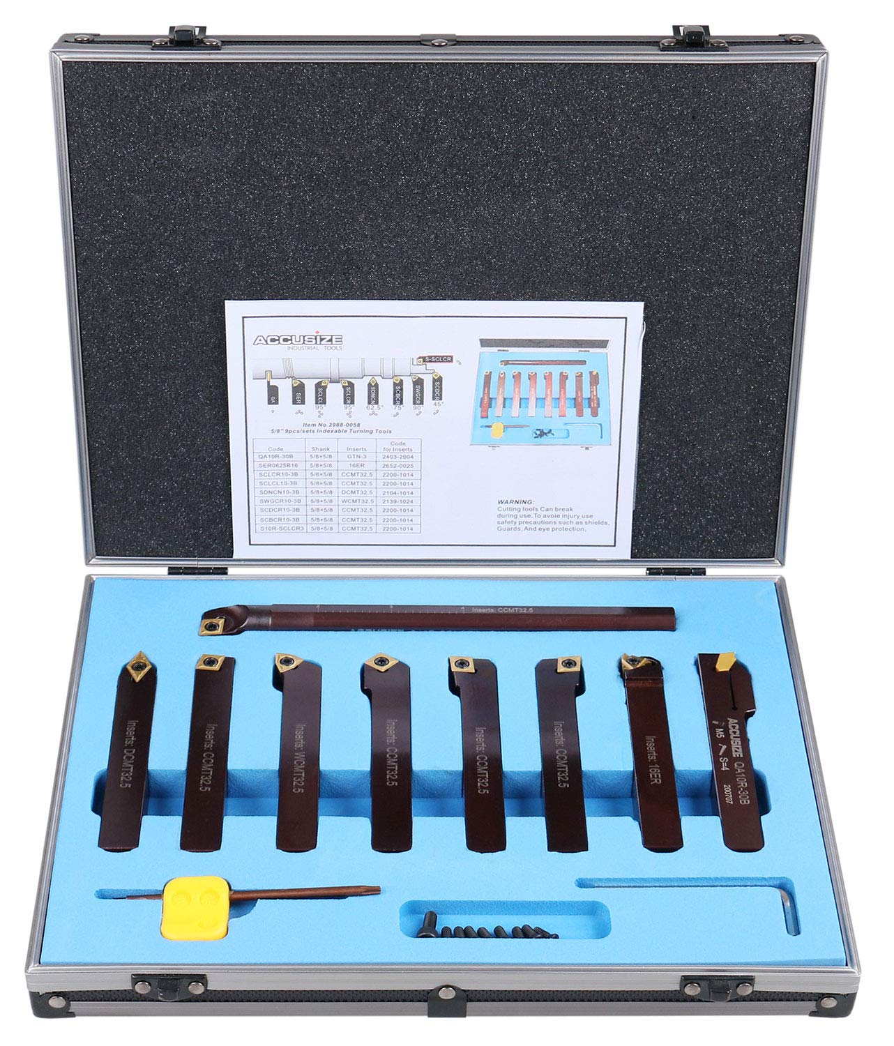 Accusize Industrial Tools 5/8' Shank 9-Piece Indexable Turning & Boring Tool Set, TiN-Coated C6 Inserts for Steel, 2988-0058