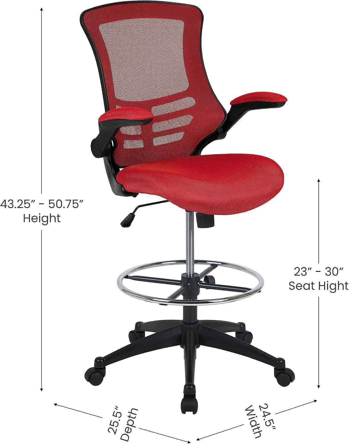 Flash Furniture Kelista Mid-Back Swivel Office Chair with Adjustable Seat Height, Ergonomic Mesh Desk Chair with Flip-Up Armrests, Red