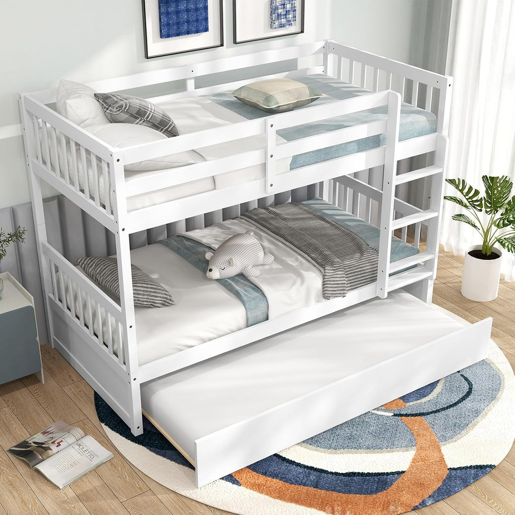 MAT EXPERT Twin Over Twin Bunk Bed with Trundle, Solid Wood Bunk Bed Frame w/Ladder, Slats & Rail, Convertible Twin Size Platform Bed for Kids, Space-Saving Bunk Beds for Bedroom Dorm (White)