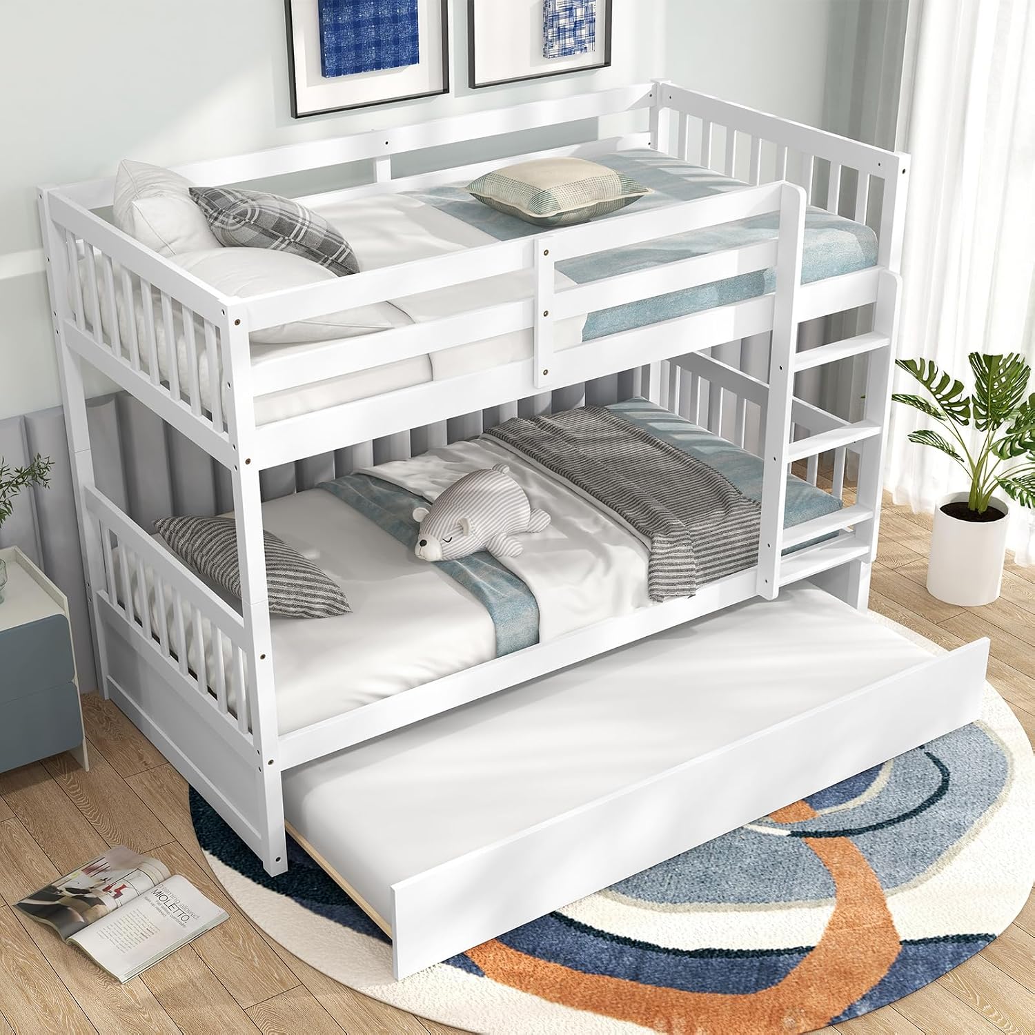 MAT EXPERT Twin Over Twin Bunk Bed with Trundle, Solid Wood Bunk Bed Frame w/Ladder, Slats & Rail, Convertible Twin Size Platform Bed for Kids, Space-Saving Bunk Beds for Bedroom Dorm (White)