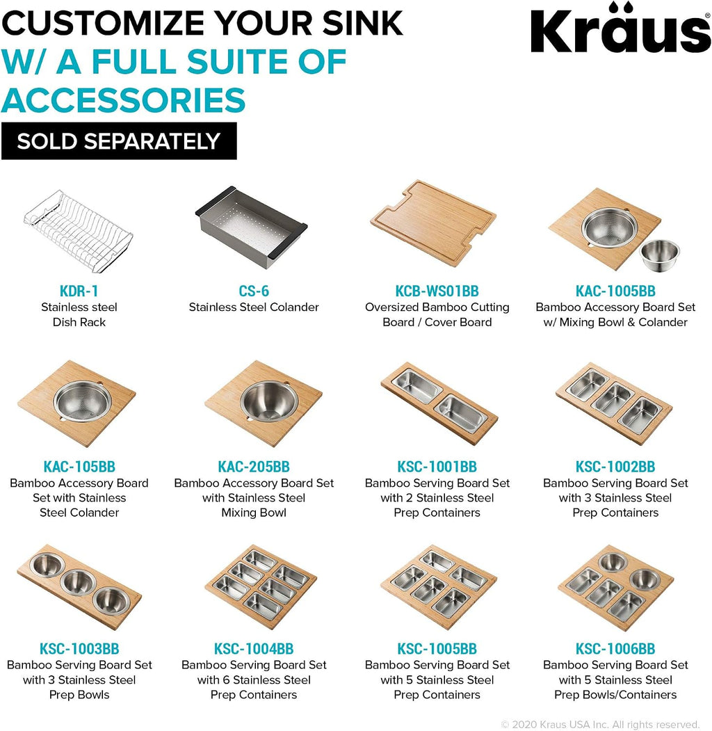 Kraus Kore 30-Inch Farmhouse Workstation with In Sink Dish Drying Rack, Stainless Steel Kitchen Sink, KWF410-30