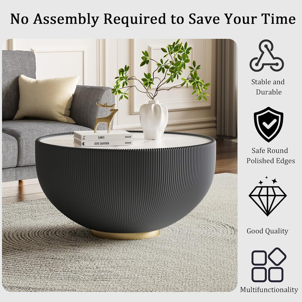 Grey Round Coffee Table, 27.56' Drum Coffee Table with Sintered Stone Tabletop and Fluted PU Leather Covered and Metal Base, Circle Cocktail Tea Table for Living Room