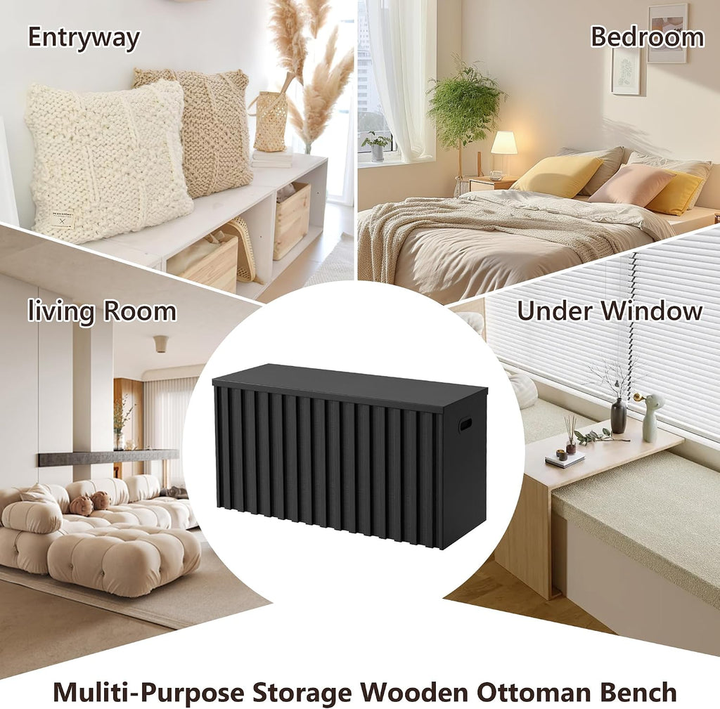 UEV Black Storage Bench Set of 2, 39.4' Fluted Wood Storage Trunk with 2 Safety Hinges, Sturdy Storage Chest, Storage Bench for Bedroom,Entryway, Living Room
