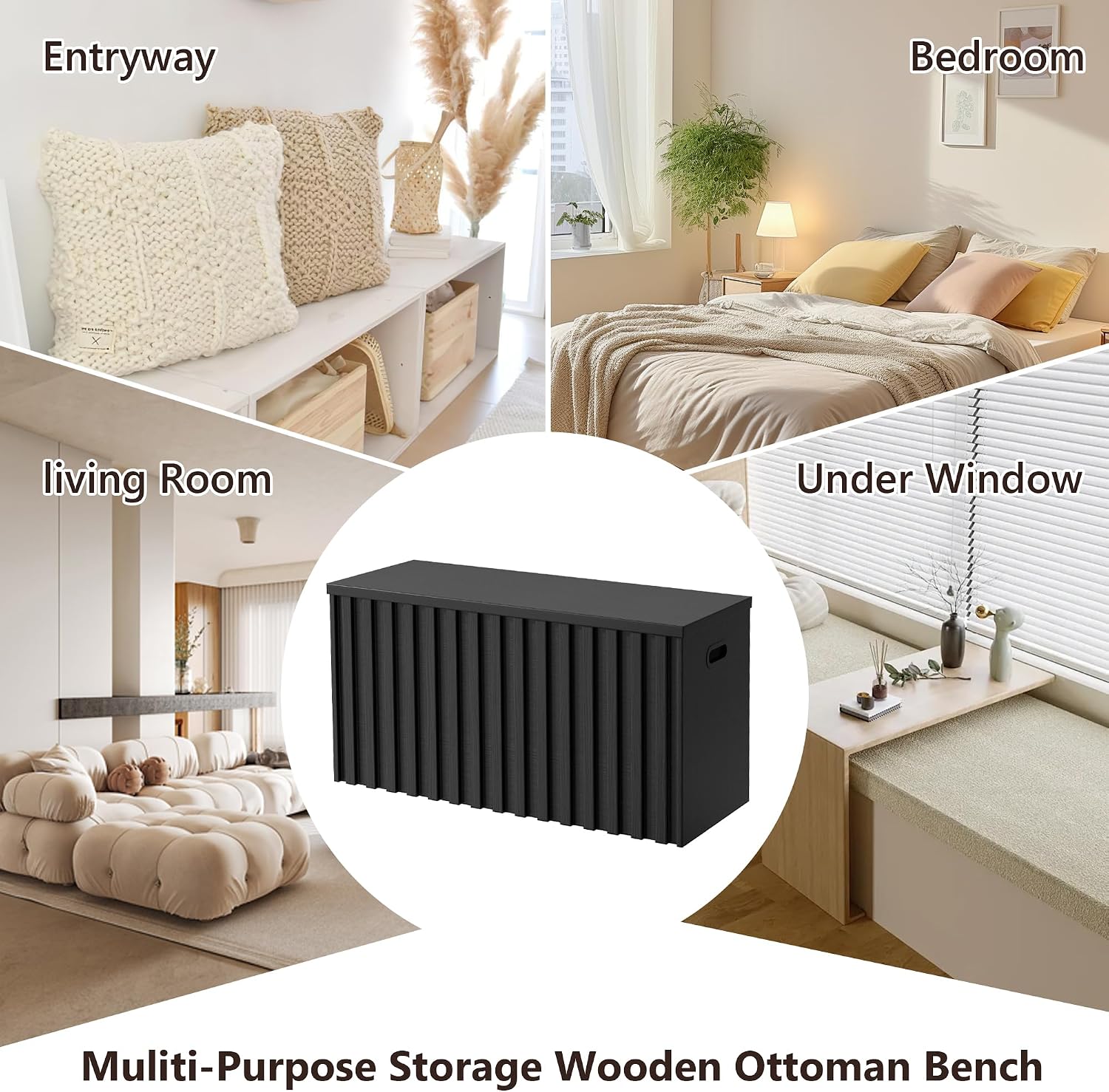 UEV Black Storage Bench Set of 2, 39.4' Fluted Wood Storage Trunk with 2 Safety Hinges, Sturdy Storage Chest, Storage Bench for Bedroom,Entryway, Living Room