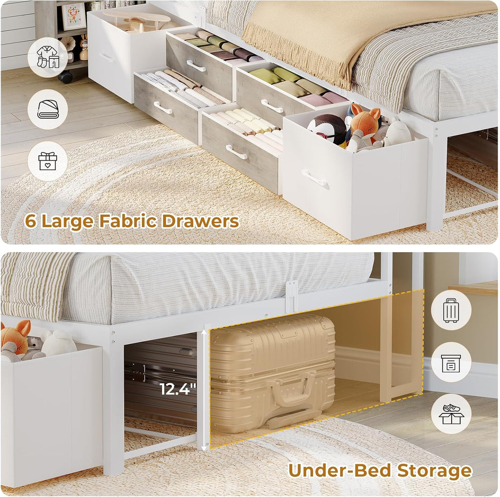 MSmask 14 Inch Corner Bed Frame with Pull-Out Cabinet, Bookcase & Headboad Storage, Twin LED Daybed with 6 Drawers, Charging Station, Twin Size Metal Platform Bed for Kids Teen, White & Oak Grey