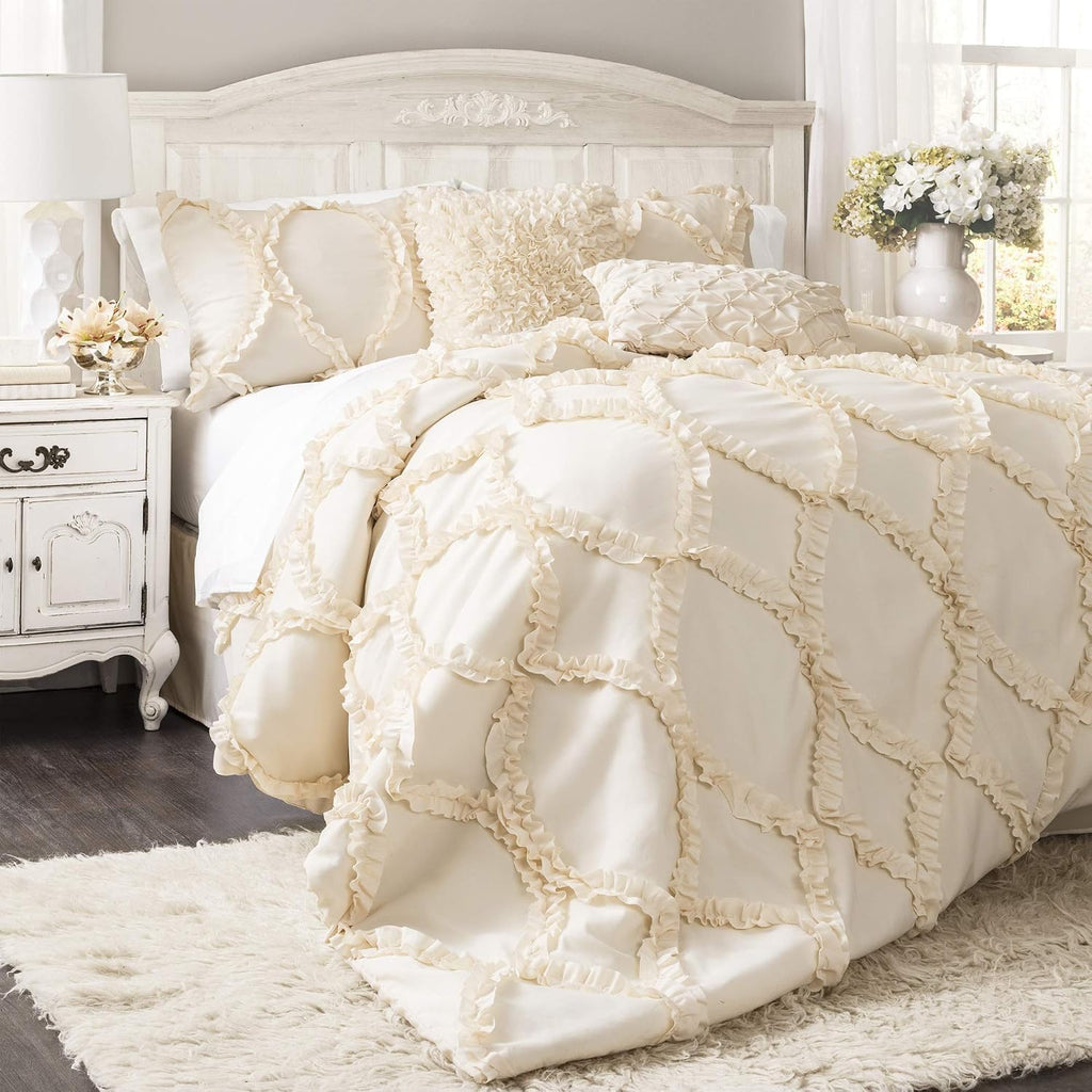 Lush Decor Avon Comforter Set, 3 Piece Set, King, Ivory - Romantic Farmhouse Bedding Set - Elegant Ruffle Bedding - Soft Textured Comforter - Country Cottage & Farmhouse Bedroom Decor