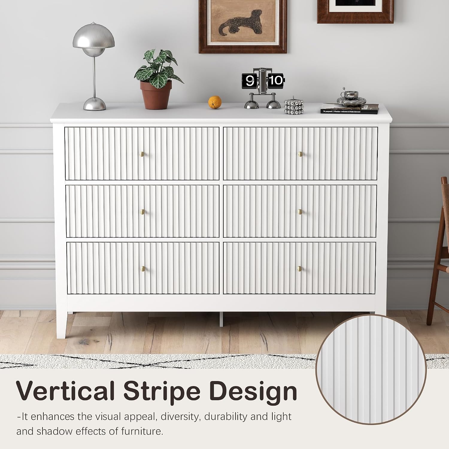 White Dresser for Bedroom, 6 Drawers Fluted Chest of Drawers with Storage, Modern 47'' Wide Dresser with Paint Design, Wood Drawer Organizer Dressers for Entryway, Hallway