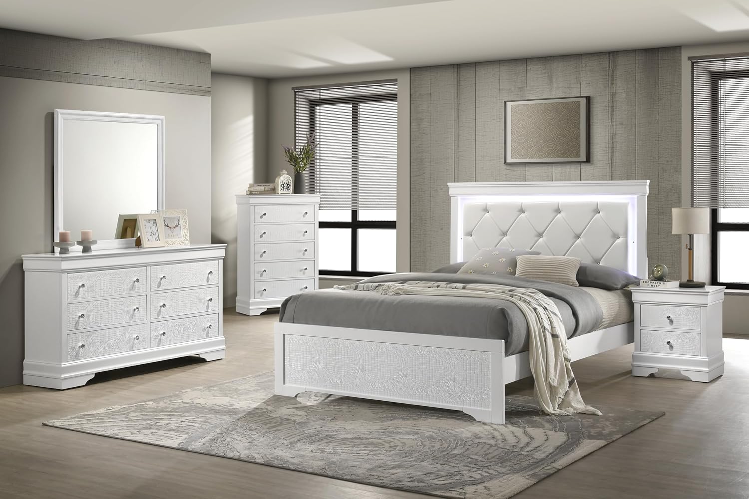 Upholstered Modern Style 5 Pc Full Bedroom Set with LED Headboard Made with Wood in White