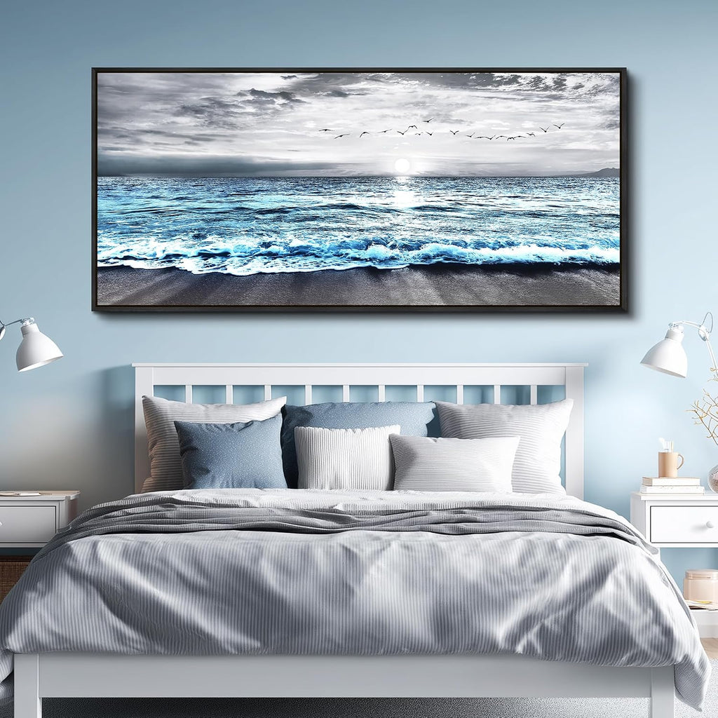 Wapluam Framed Wall Art for Bedroom Decor, Beach Canvas Wall Art Large Ocean Sunset Seascape Print, Modern Coastal Landscape Artwork for Living Room Bathroom Home Decor Ready to Hang 32x72 In