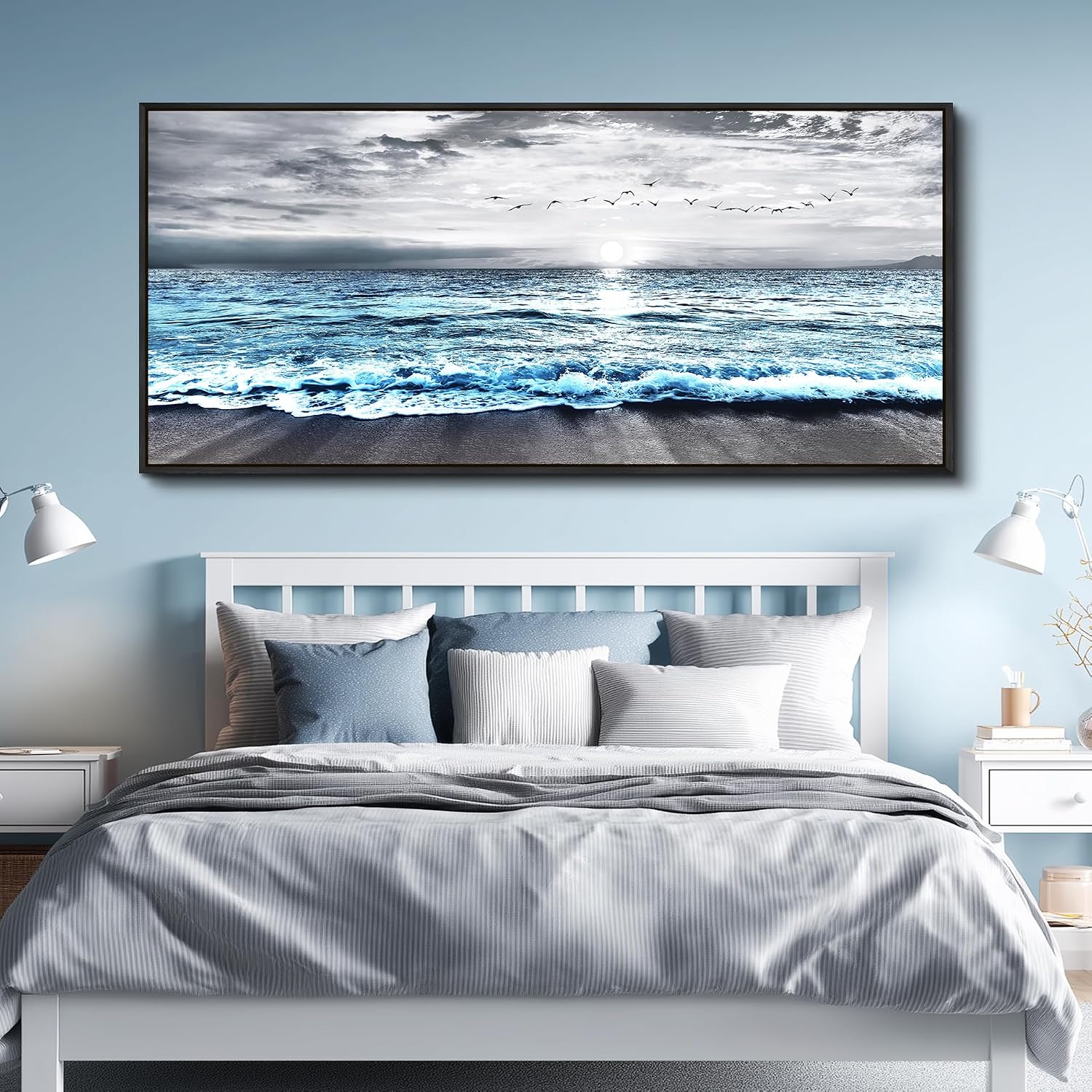 Wapluam Framed Wall Art for Bedroom Decor, Beach Canvas Wall Art Large Ocean Sunset Seascape Print, Modern Coastal Landscape Artwork for Living Room Bathroom Home Decor Ready to Hang 32x72 In