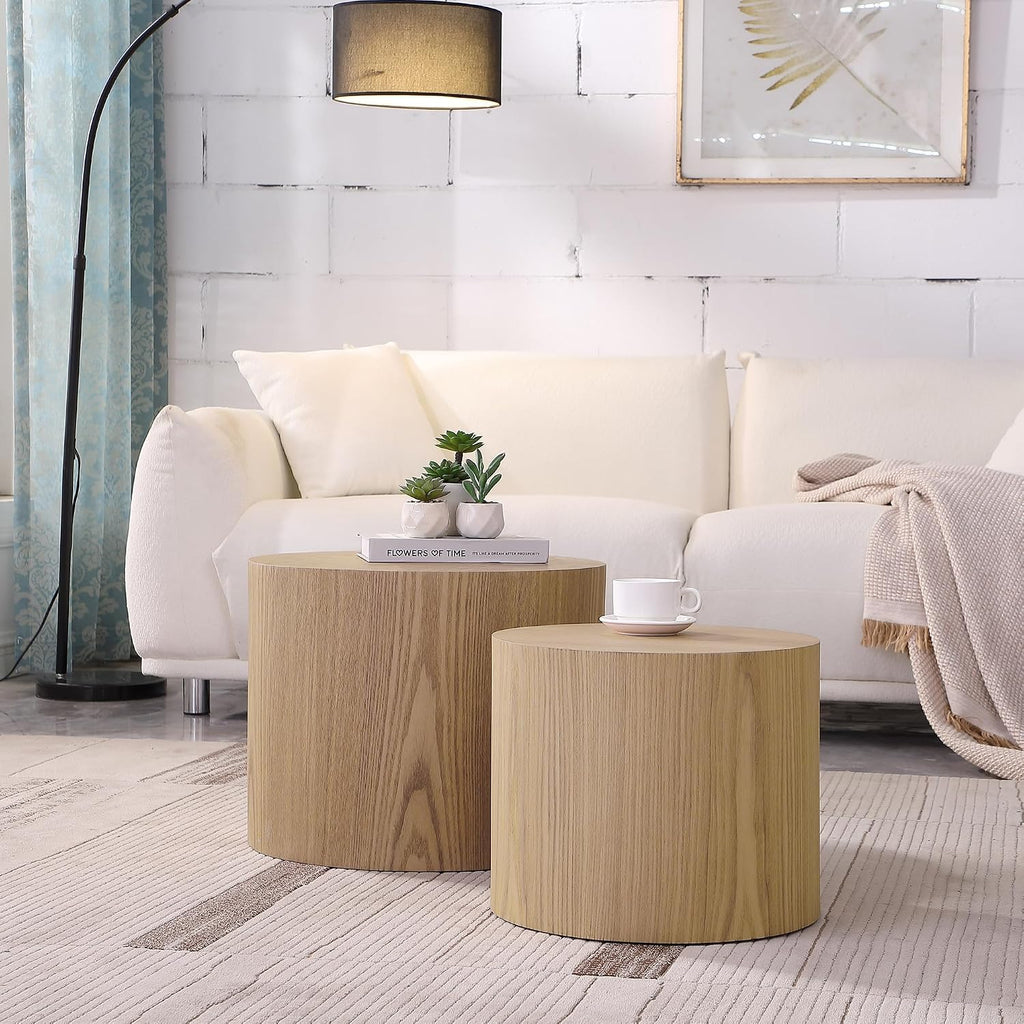 Black Round Nesting Coffee Table Set of 2, Modern Wood Side Table Full Assembly for Small Space Living Room Apartment - Oak