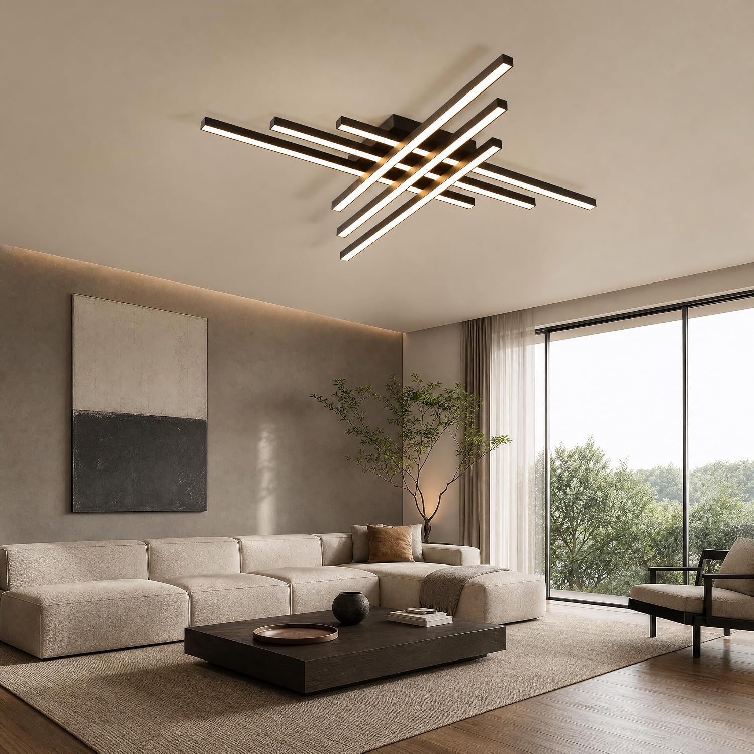 Modern LED Ceiling Lights 43.3' Black Flush Mount Ceiling Light Fixture Sputnik Dimmable Ceiling Lights with Remote Control for Bedroom Living Room Kitchen Room(6 Lights)