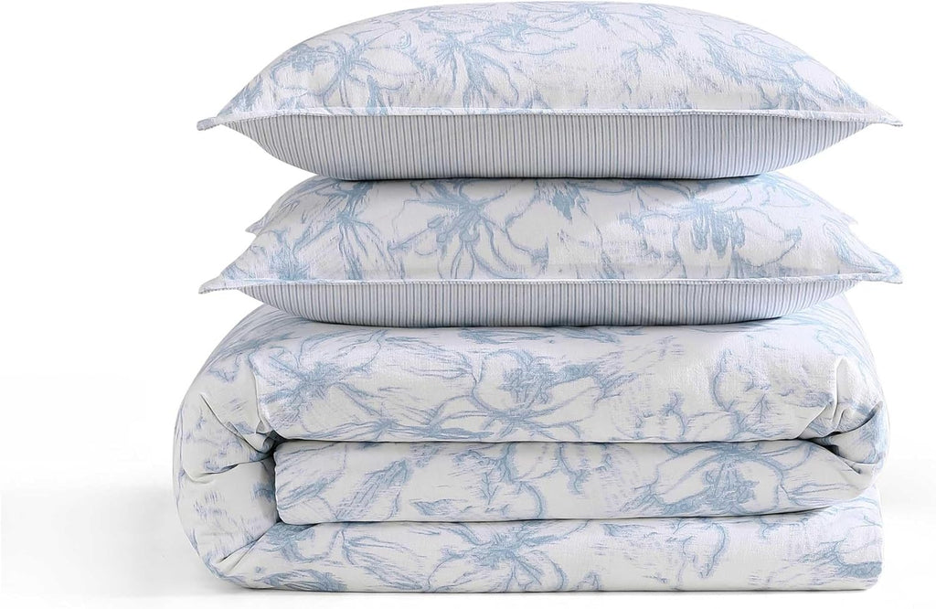Tommy Hilfiger - Comforter Set, Luxuriously Soft Cotton Slub Bedding with Matching Sham, Abstract Inspired Design (Ethereal Floral Blue, Twin)