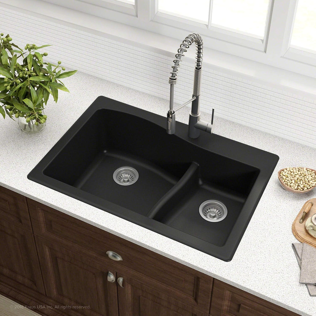 KRAUS KGD-442 Quarza 33-inch 33' Dual Mount 60/40 Double Bowl Granite Kitchen Sink in Black