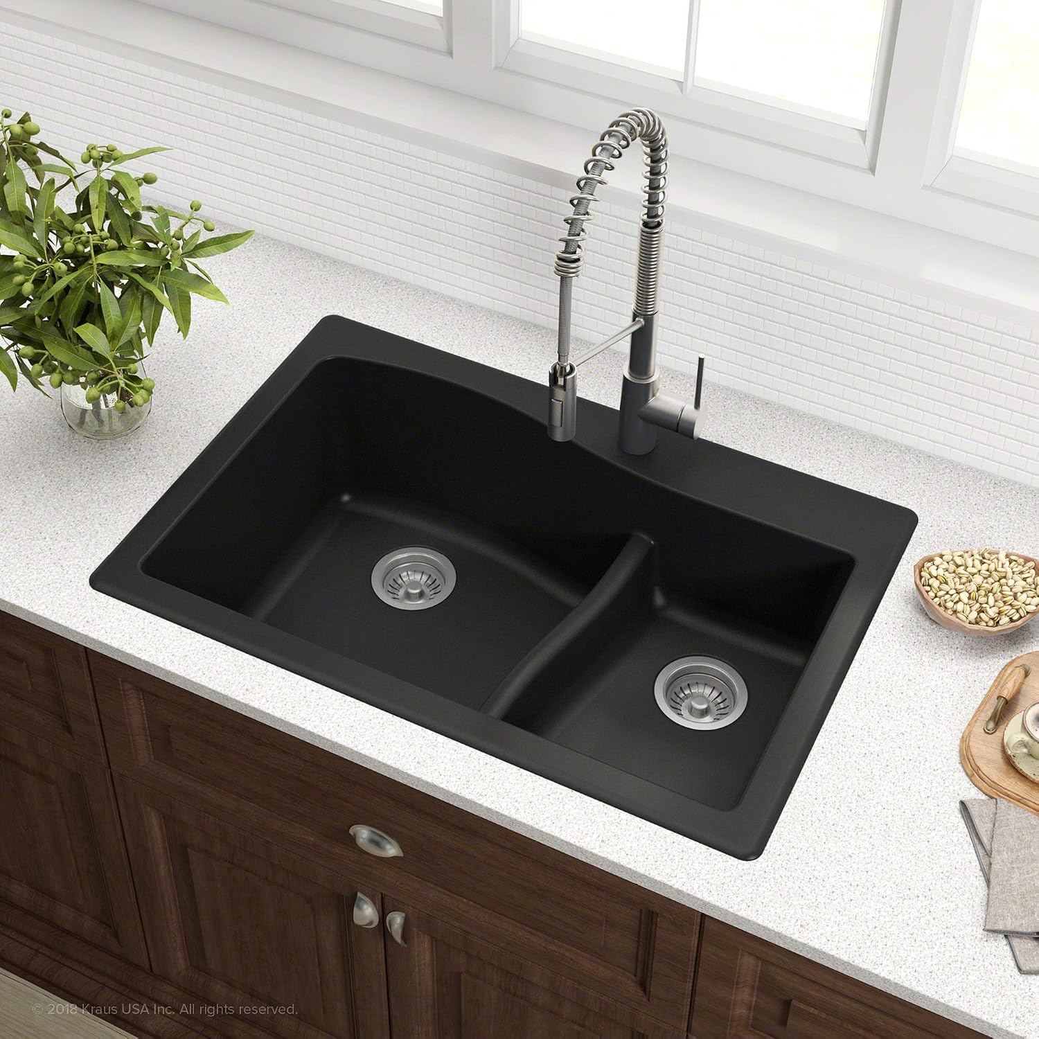 KRAUS KGD-442 Quarza 33-inch 33' Dual Mount 60/40 Double Bowl Granite Kitchen Sink in Black