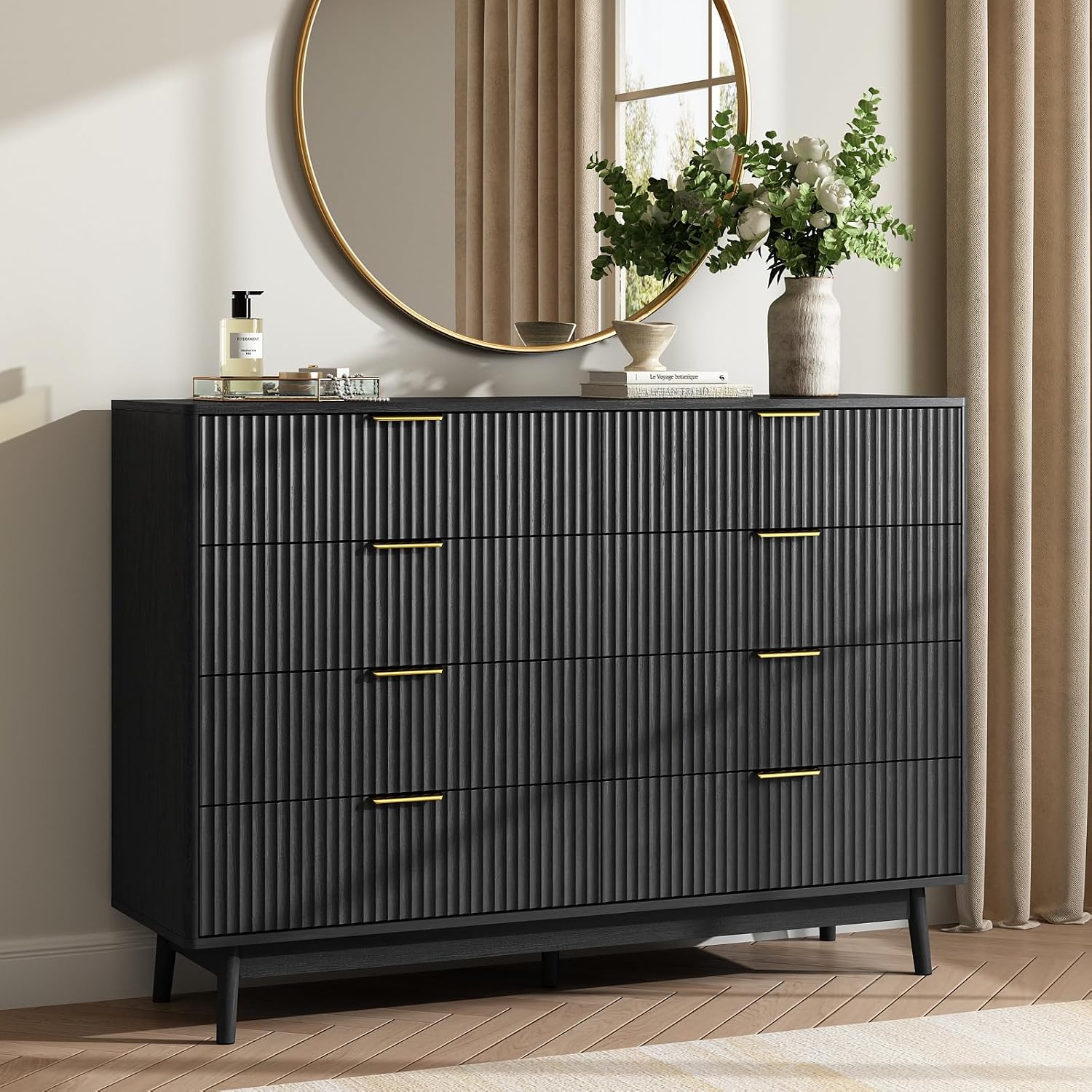 CARPETNAL Fluted Dresser and Nightstand Sets for Bedroom, 3 Pcs Bedroom Set, 8-Drawer Dresser & 2-Drawer Nightstand Set of 2, Modern Wood Chest of Drawers for Living Room, Entryway, Black