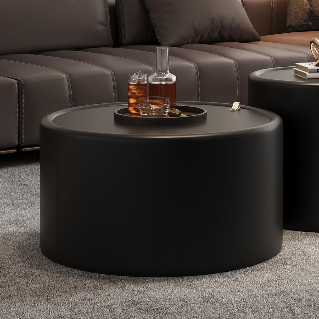 Round Living Room Table Set with Hidden Storage, 27.56' Black Drum Center Table and 19.69' Black Coffee Table Set, 2 Pieces Coffee Table Set with Tempered Glass Top and PU Leather Body