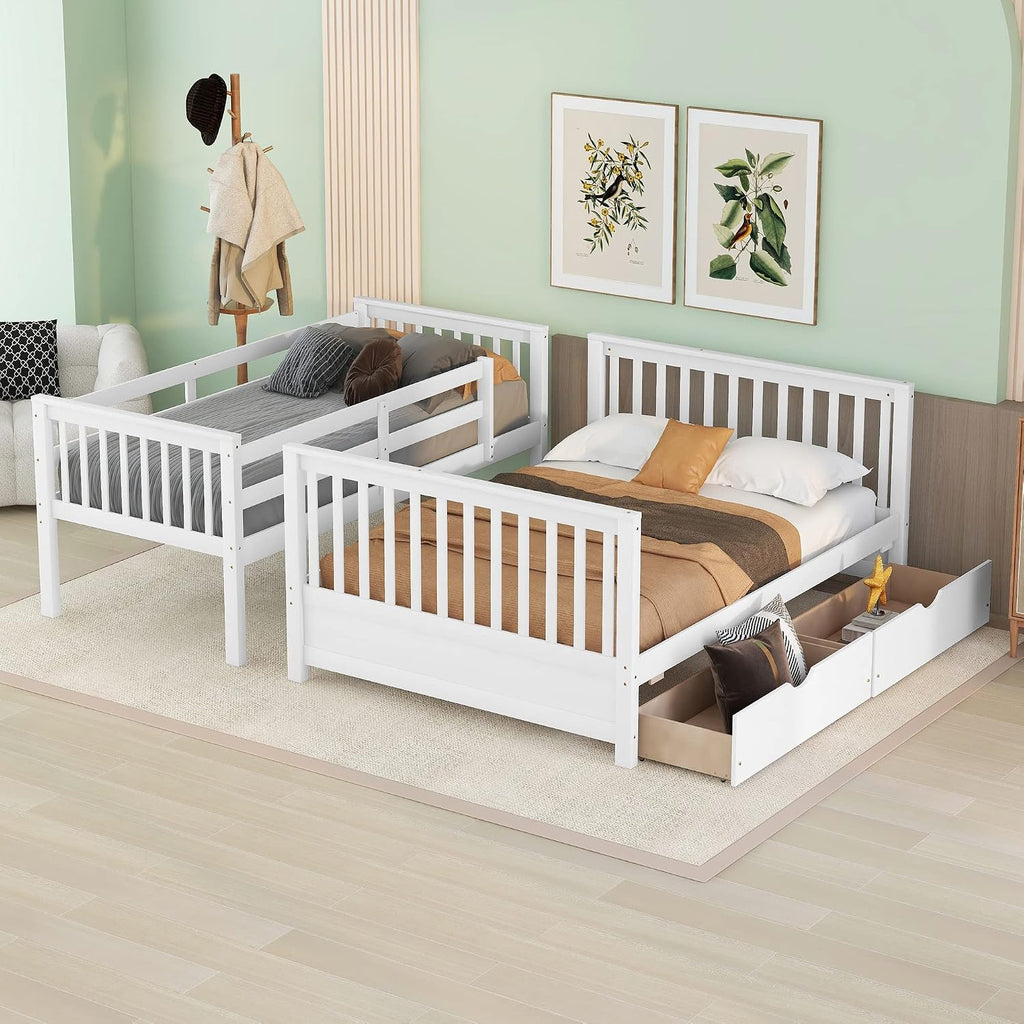 Merax Wood Bunk Bed with Drawers,Convertible Wood Bunk Bed with Ladders and Two Storage Drawers,Solid Wood Detachable Bed Frame with Ladders,Twin Over Full Size,White