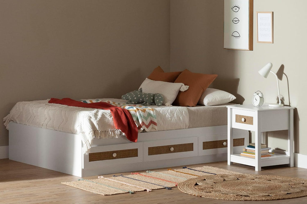 South Shore Bloom Mates Bed with 3 Drawers, Full, White and Faux Printed Rattan