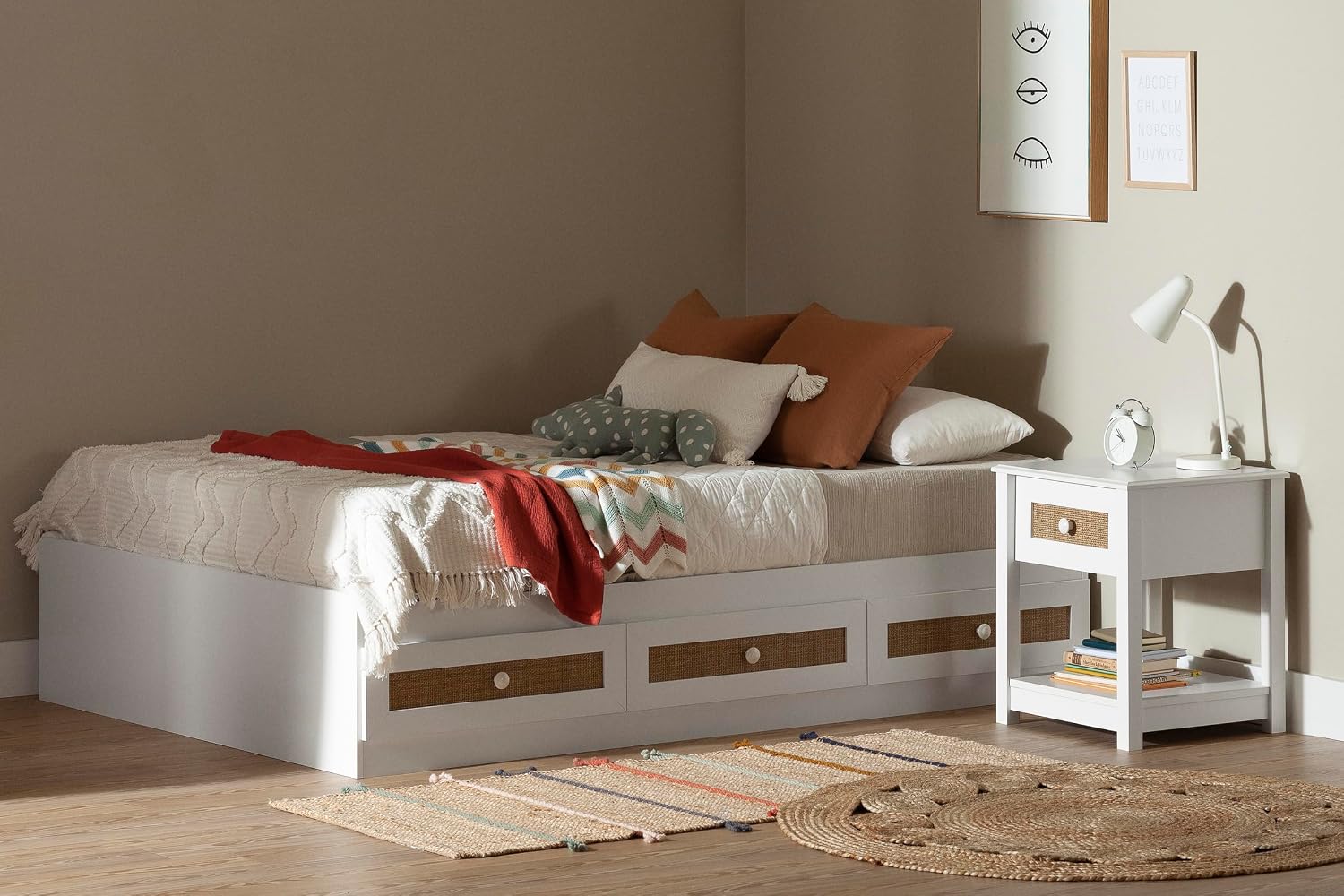 South Shore Bloom Mates Bed with 3 Drawers, Full, White and Faux Printed Rattan