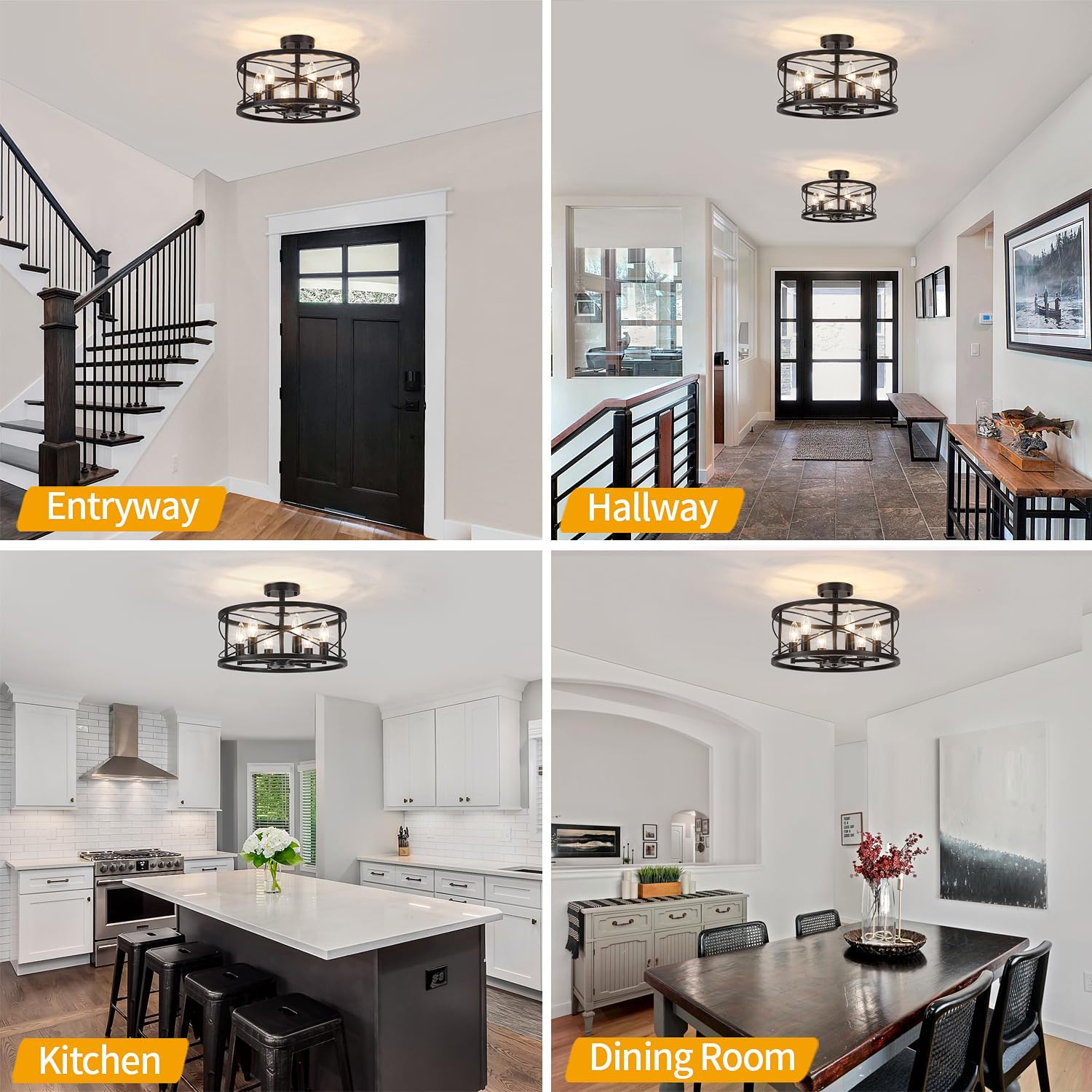 6-Light Black Semi Flush Mount Ceiling Light, 16.53'' Modern Farmhouse Close to Ceiling Light Fixtures, Ceiling Lamp for Hallway Entryway Foyer Dining Room Living Room Bedroom Kitchen Light Fixtures