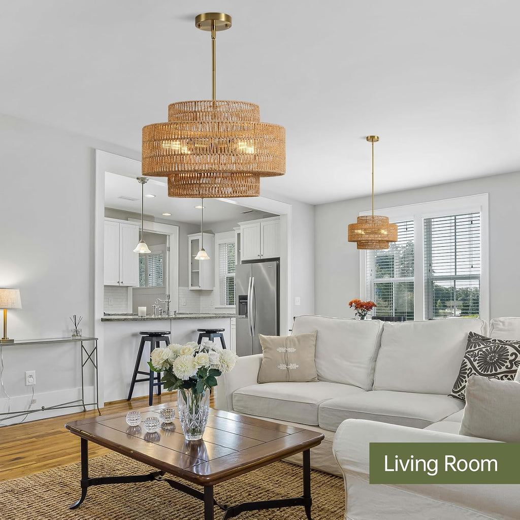 4-Light Boho Rattan Chandelier Light Fixture, 17.7' Hand Woven Rustic Chandeliers Farmhouse Chandelier Hanging Light for Dining Room Kitchen Island, Living Room, Foyer