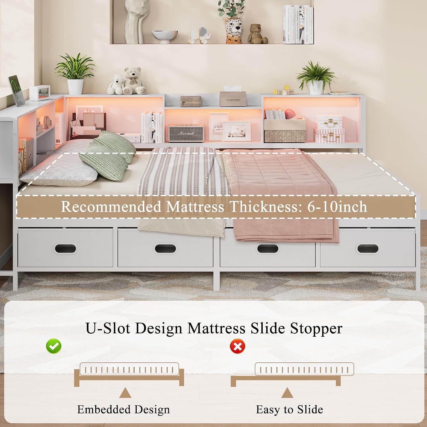 Full Size Corner Bed Frame with LED Lights, Charging Station & 8-Bookcase Headboard, Metal Platform Corner Bed with 4 Storage Drawers, Full Daybed for Kids Teens Guests, White