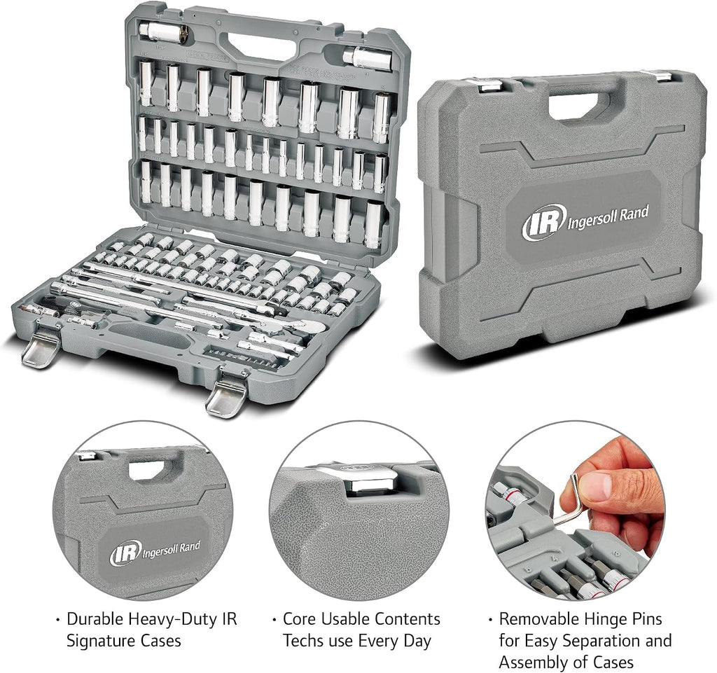 Ingersoll Rand 101 Piece SAE/Metric Master Mechanics Tool Set, Includes 1/4' & 3/8' Drive, 76 Sockets, 72-Tooth Seal-Head Ratchets, Tools & Accessories – 752020