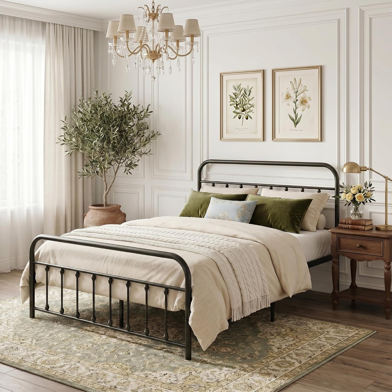 VECELO Full Size Victorian Style Metal Bed Frame with Headboard Classic Metal Platform Bed Frame Mattress Foundation with Footboard/Under Bed Storage/No Box Spring Black