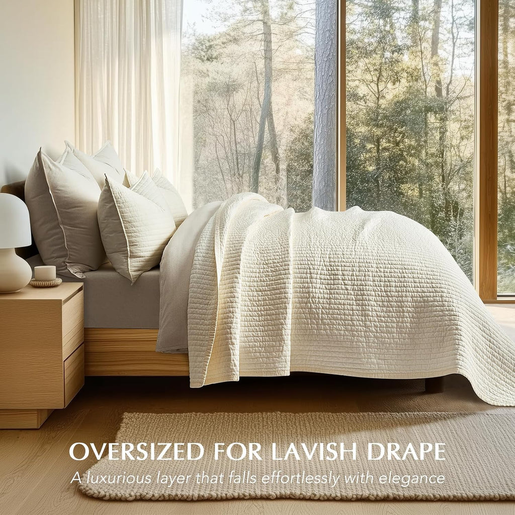 EVERGRACEHOME Cotton Sateen Quilt Set King Size, Pre-Washed Cotton Channel Stitch Coverlet Bedspread, 3 Pieces Lightweight Soft Bedding Sets for All Season, with 2 Pillow Shams, Cream