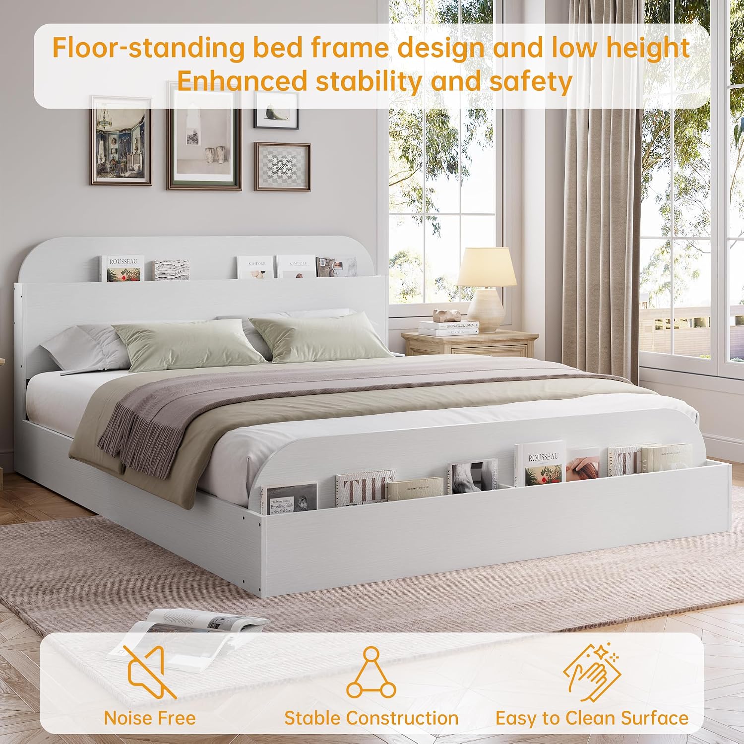 GarveeHome Queen Size Bed Frame, Wooden Beds with Storage Headboard and Raised-Foodboard, Queen-Floor Low Platform Bed for Bedroom, Sturdy Wooden Slats Support, No Box Spring Needed, White