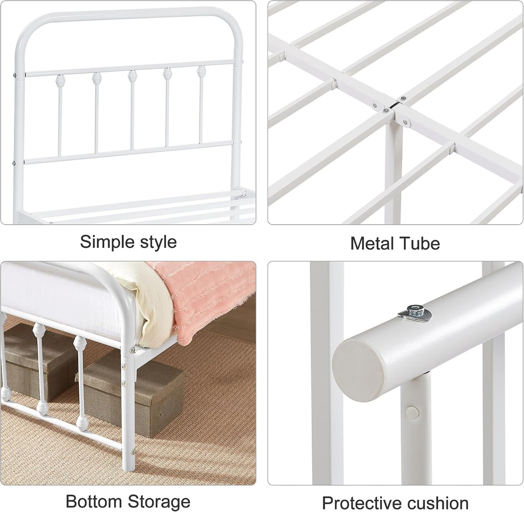 VECELO Twin Size Victorian Style Metal Bed Frame with Headboard Classic Metal Platform Bed Frame Mattress Foundation with Victorian Style Footboard/Under Bed Storage/No Box Spring White 2 Set