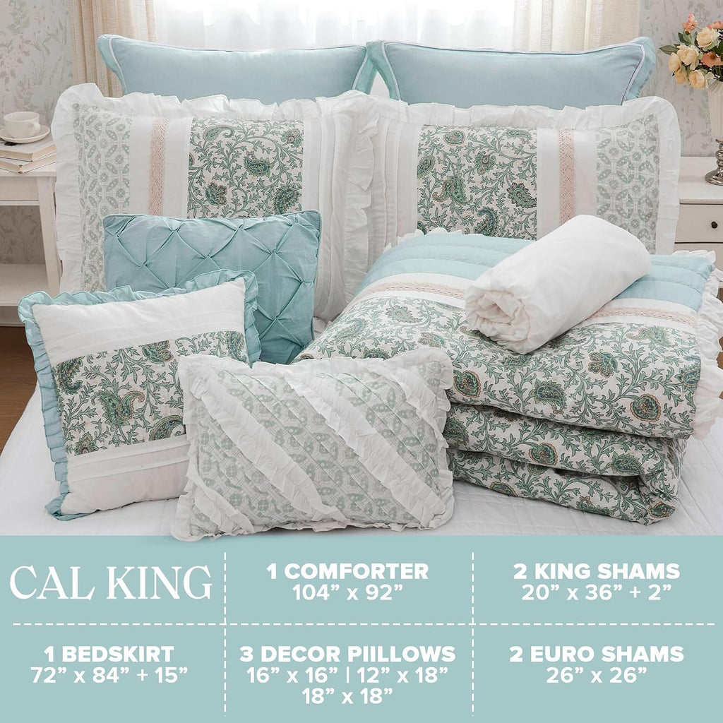 Madison Park Dawn 100% Cotton Shabby Chic Comforter Set-Modern Cottage Design All Season Down Alternative Bedding, Matching Shams, Bedskirt, Decorative Pillows, Cal King(104'x92'), Aqua 9 Piece