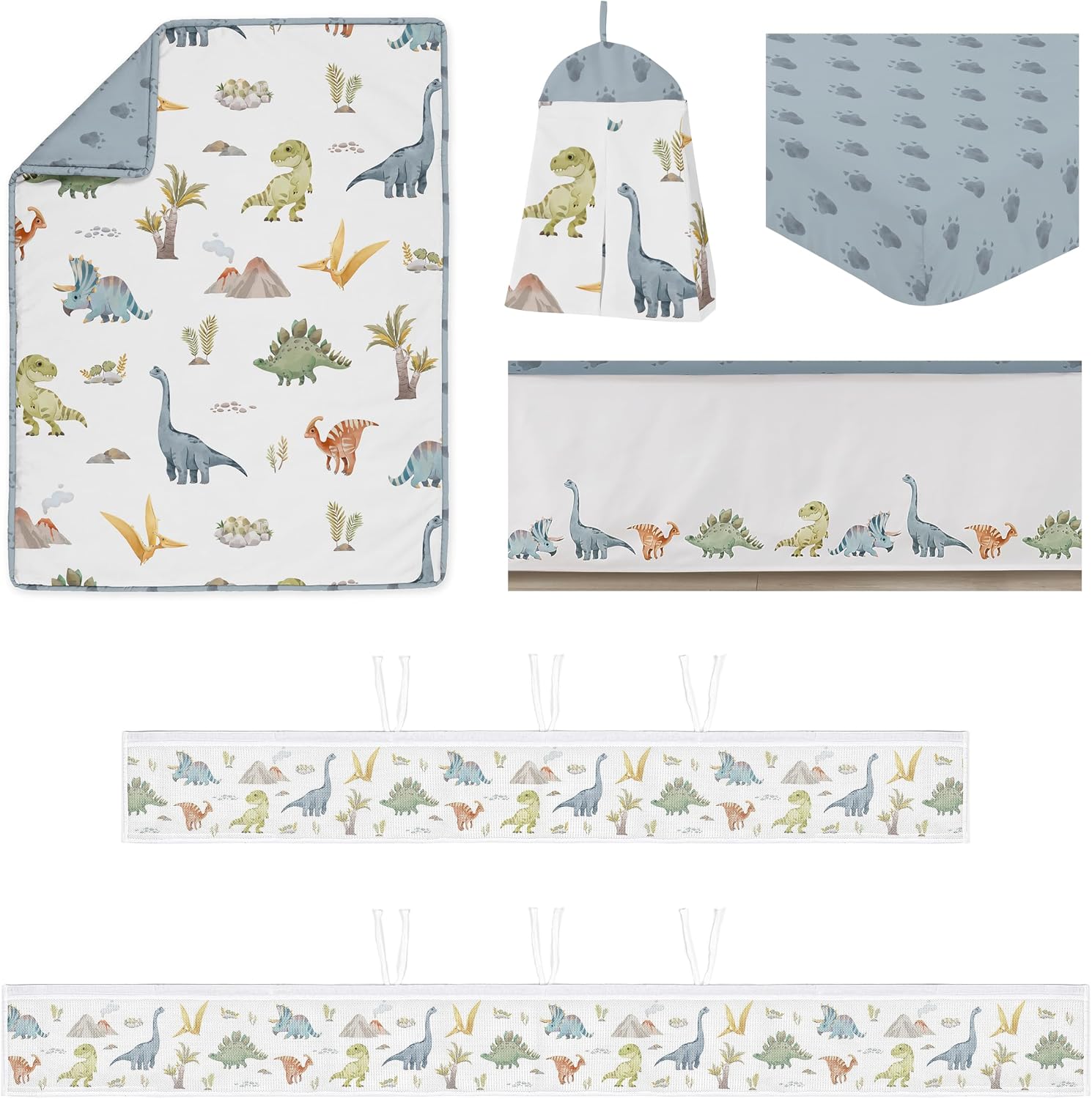 Sweet Jojo Designs Watercolor Dinosaur Dino Boy Baby Crib Bedding Set Infant Nursery Room BreathableBaby Breathable Mesh Crib Liner 6p Green Blue White Modern Dinosaurs Jurassic Animal Track Footprint