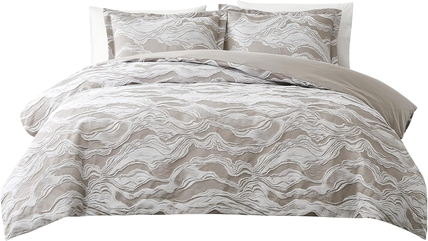 Lush Decor x Chuks Collins Cascade Wave Duvet Cover 3 Piece Set Queen Gray & White - Cotton Duvet Cover Queen - Luxury Bedding Set - Gray Duvet
