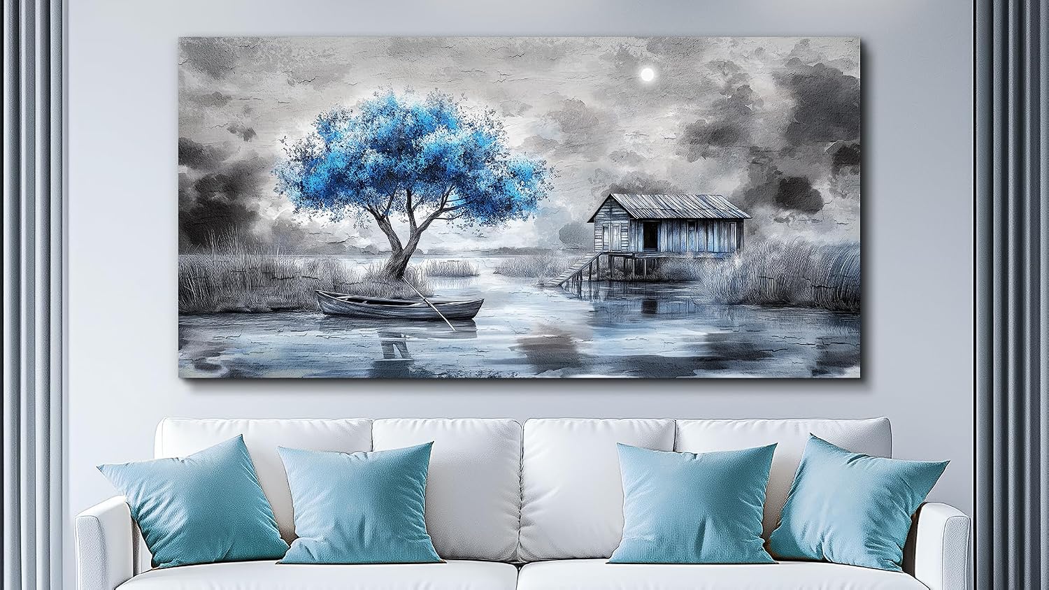 QIYILEXWART Canvas Wall Art For Living Room Large Wall Decor For Office Bedroom Decorations The Blue Tree Pictures The Hut Painting Stretched And Framed Artwork Room Ready To Hang