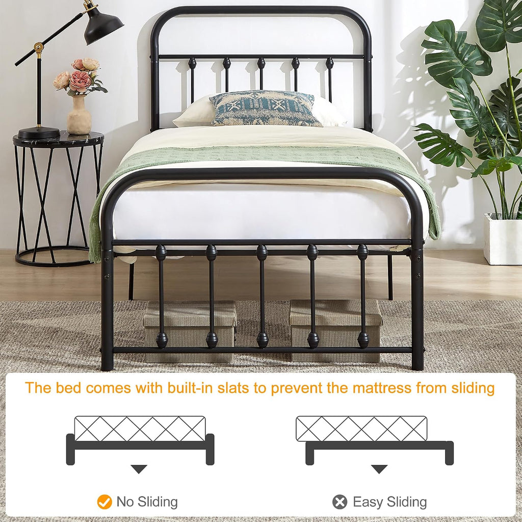 VECELO Twin Size Victorian Style Metal Bed Frame with Headboard Classic Metal Platform Bed Frame Mattress Foundation with Footboard/Under Bed Storage/No Box Spring Classic Black 2 Set