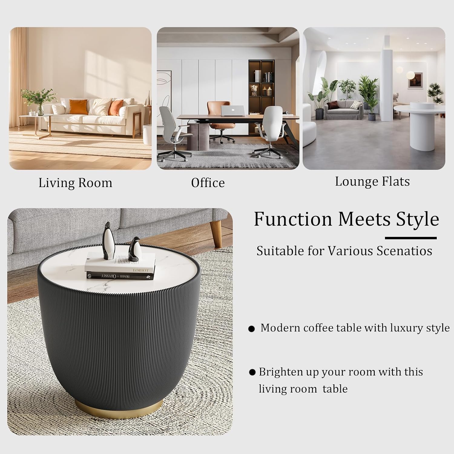 Round Living Room Table Set, 27.56' Black Drum Center Table and 19.69' Grey Coffee Table Set, 2 Pieces Coffee Table Set with Sintered Stone Tabletop, Fluted PU Leather Covered and Metal Base