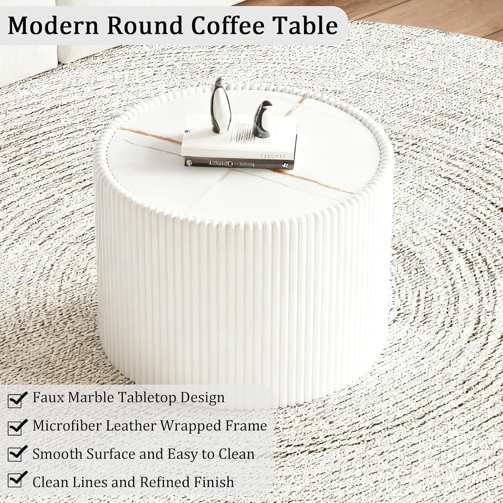 17.71' White Round Coffee Table, Drum Coffee Table with Sintered Stone Tabletop and Fluted PU Leather Covered and Stable Base, Circle Cocktail Tea Table for Living Room