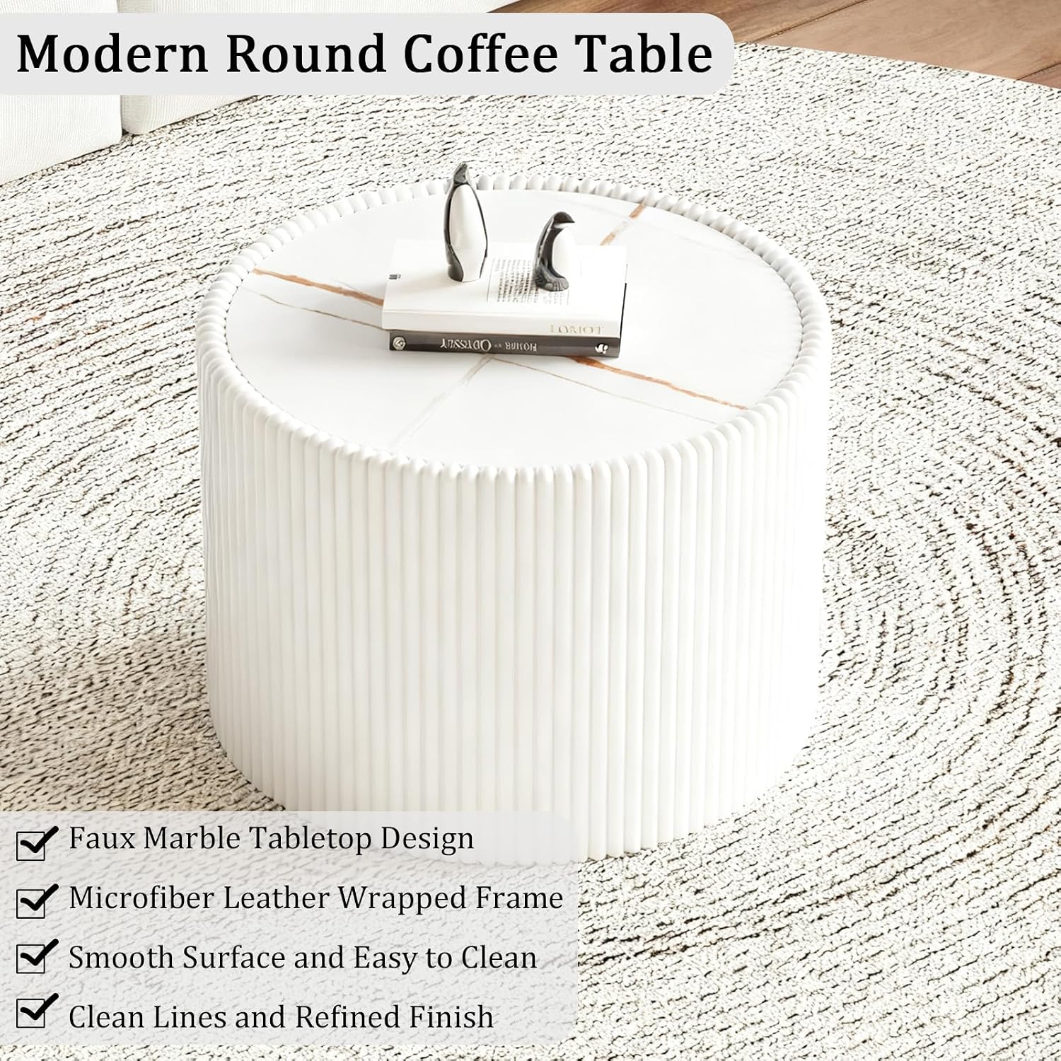 17.71' White Round Coffee Table, Drum Coffee Table with Sintered Stone Tabletop and Fluted PU Leather Covered and Stable Base, Circle Cocktail Tea Table for Living Room