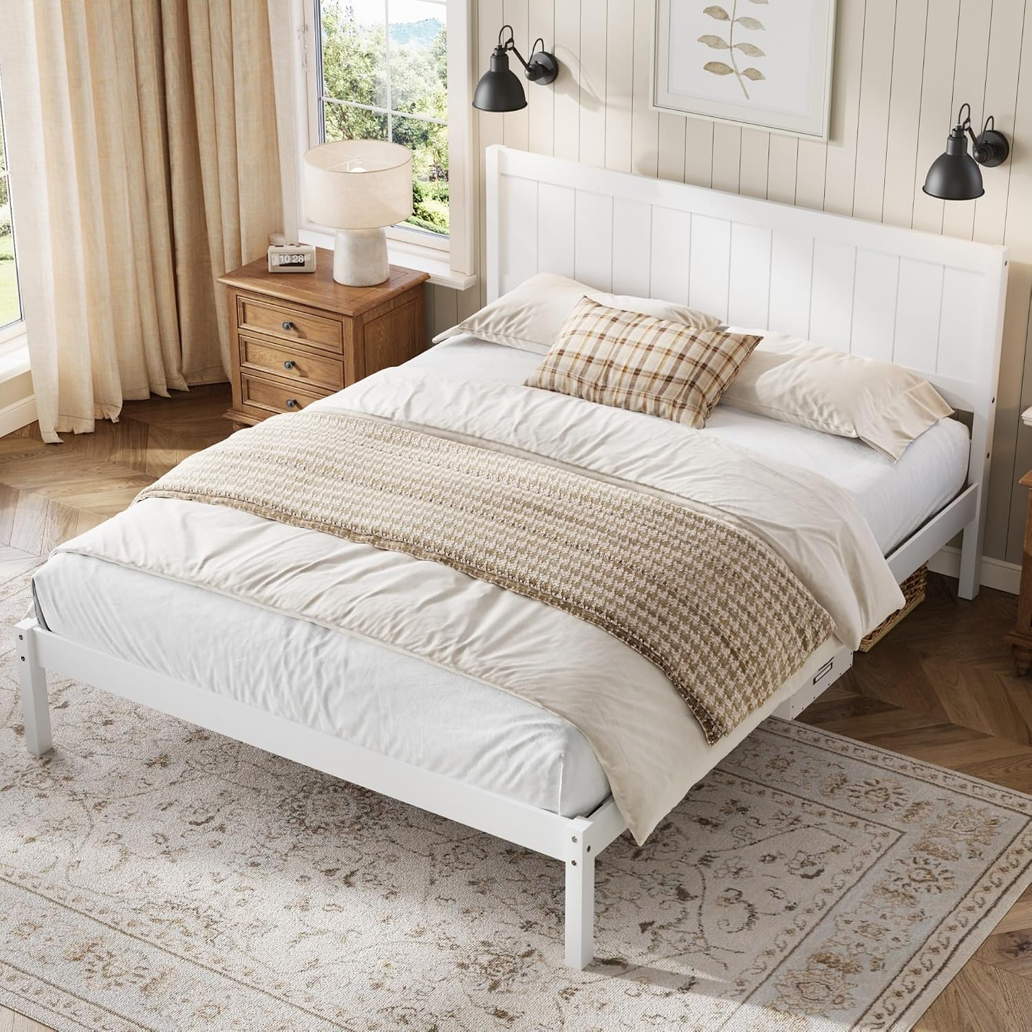 Platform Bed Frame with Headboard, Wood Slat Support, No Box Spring Needed,King,White