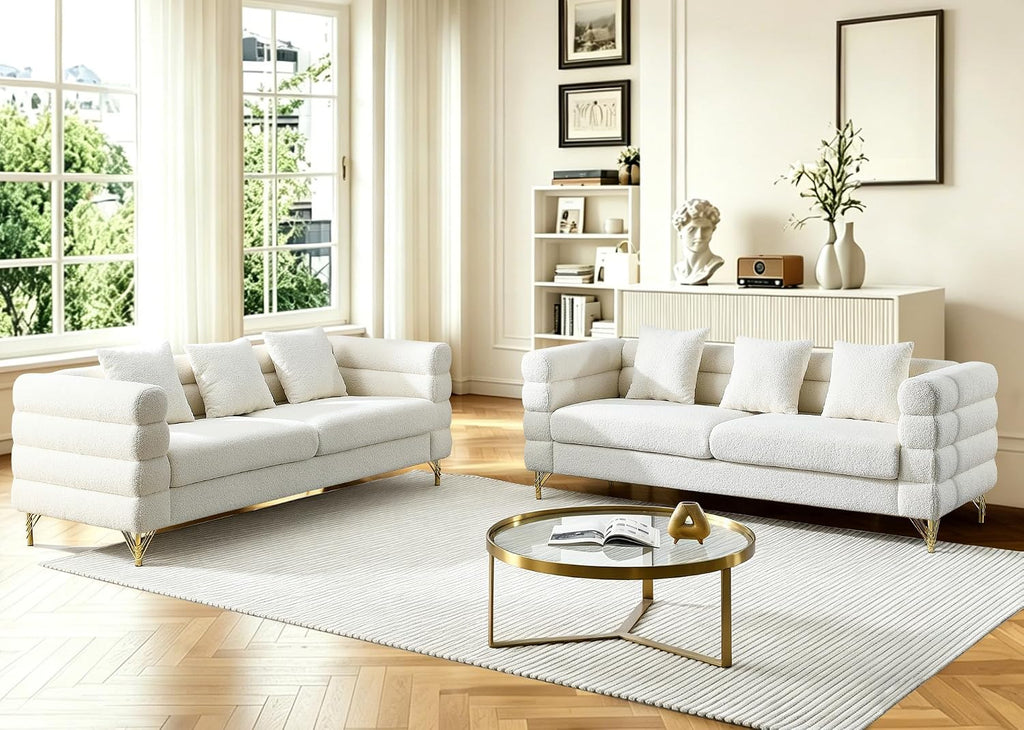 Loveseat Modern Sofa, 2-Pieces 81' Teddy Boucle Comfy Cloud Couch Upholstered Deep 6 Seater Sherpa Couch Set with Stylish Metal Legs for Living Room Home Office Bedroom Apartment, White