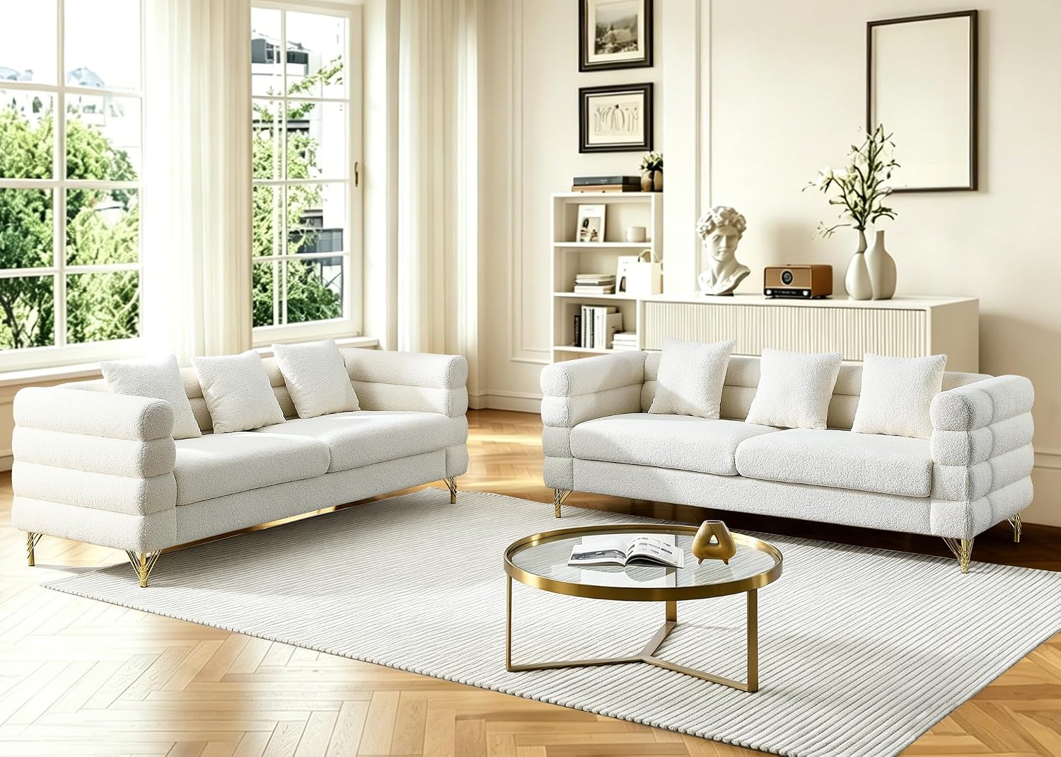 Loveseat Modern Sofa, 2-Pieces 81' Teddy Boucle Comfy Cloud Couch Upholstered Deep 6 Seater Sherpa Couch Set with Stylish Metal Legs for Living Room Home Office Bedroom Apartment, White