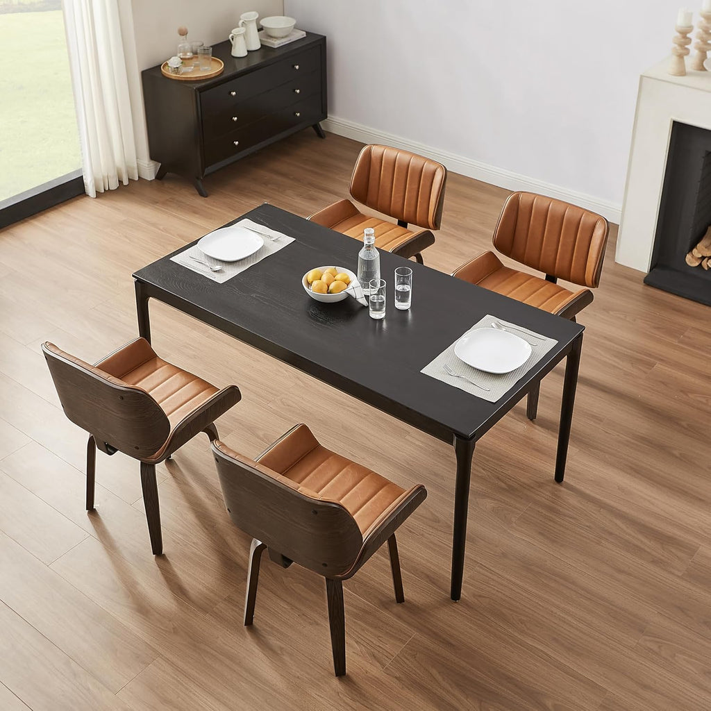 Zouron Mid Century Modern Dining Chairs Set of 2, Faux Leather Upholstered Dining Room Chairs with Black Oak Bentwood, Accent Side Chair for Small Space Living Room Bedroom, Channel Stitch, Brown
