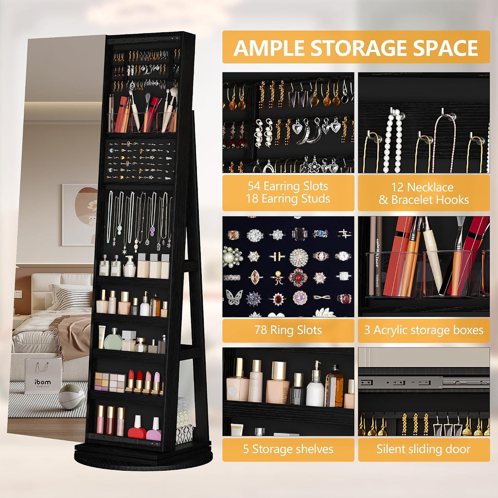 LVSOMT 360° Swivel Jewelry Cabinet with Full Length Mirror and Sliding Door, 63' Large Jewelry Armoire with Lock and Rear Shelves, Floor Standing Mirror with Storage for Bedroom Cloakroom, Black